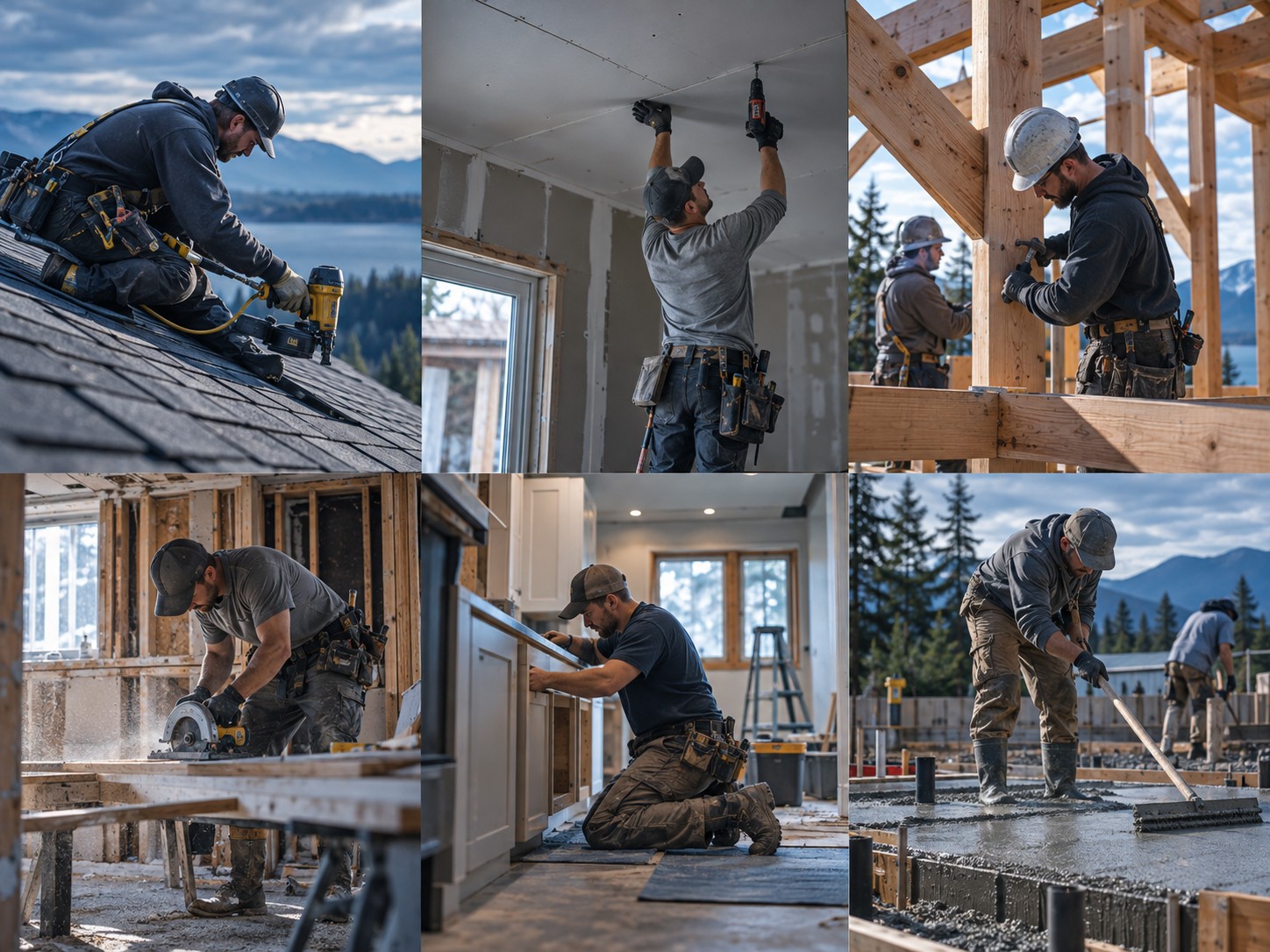 Collage de trabajos de roofing, drywall, framing, remodelación, acabados interiores y construcción